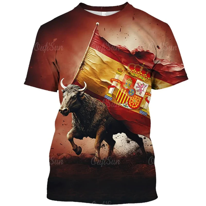 Vintage T Shirt For Men Animal Spanish Bullfighting Graphic T-shirts 3d Print Short-sleeved Tees Oversized Loose Tops Streetwear