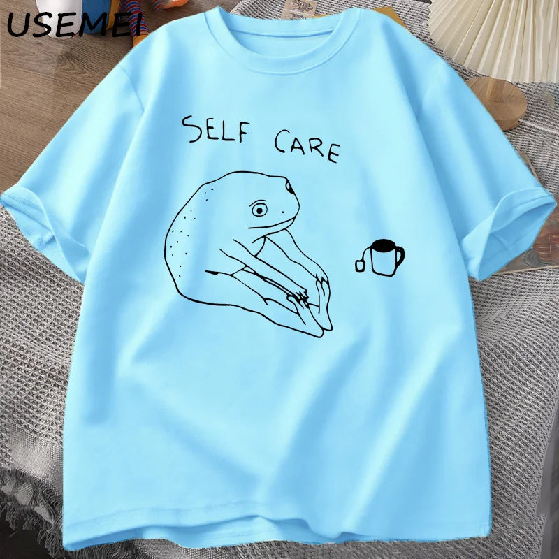 Funny Frog Self Care T-Shirt Retro Cottagecore Frog Printed Tshirt Women Men Summer Round Neck Short Sleeve Tee Shirt Streetwear