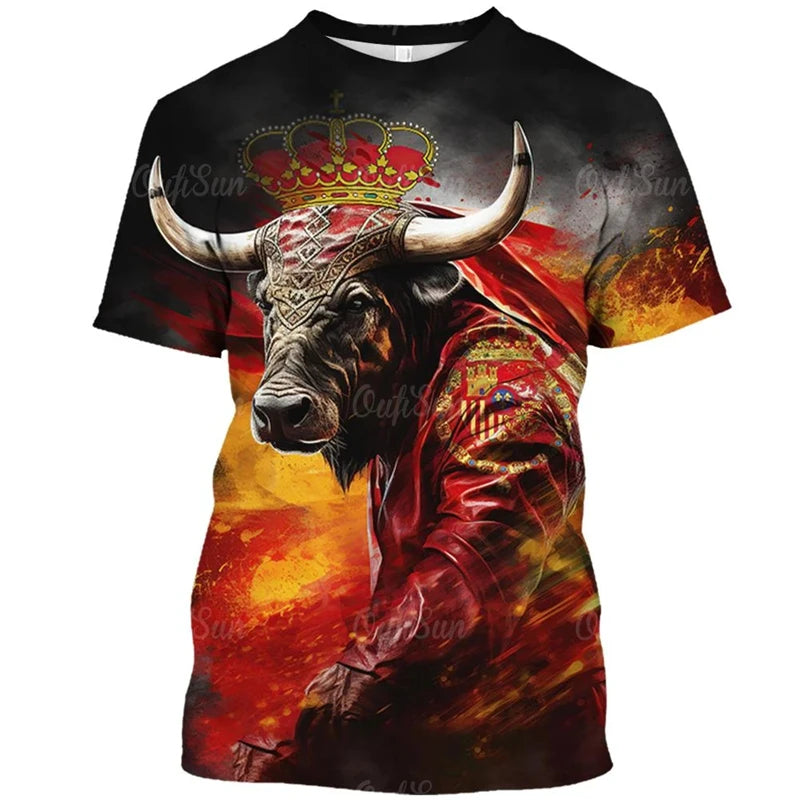 Vintage T Shirt For Men Animal Spanish Bullfighting Graphic T-shirts 3d Print Short-sleeved Tees Oversized Loose Tops Streetwear