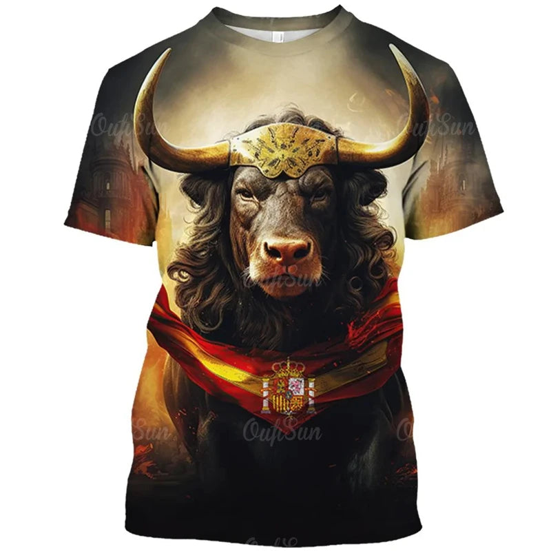 Vintage T Shirt For Men Animal Spanish Bullfighting Graphic T-shirts 3d Print Short-sleeved Tees Oversized Loose Tops Streetwear