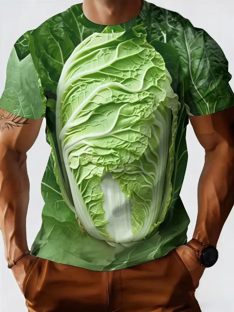 The Interesting Cabbage and Lettuce Pattern Summer 3D Printed Large-sized Men's T-shirt Is Suitable for Daily Wear