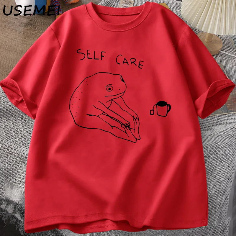 Funny Frog Self Care T-Shirt Retro Cottagecore Frog Printed Tshirt Women Men Summer Round Neck Short Sleeve Tee Shirt Streetwear