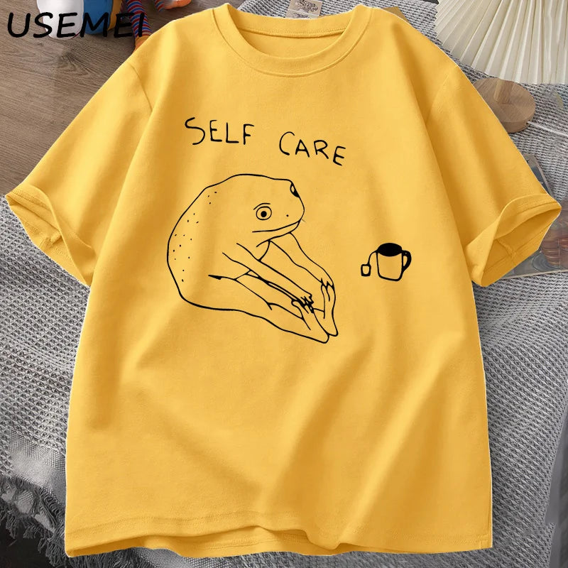 Funny Frog Self Care T-Shirt Retro Cottagecore Frog Printed Tshirt Women Men Summer Round Neck Short Sleeve Tee Shirt Streetwear