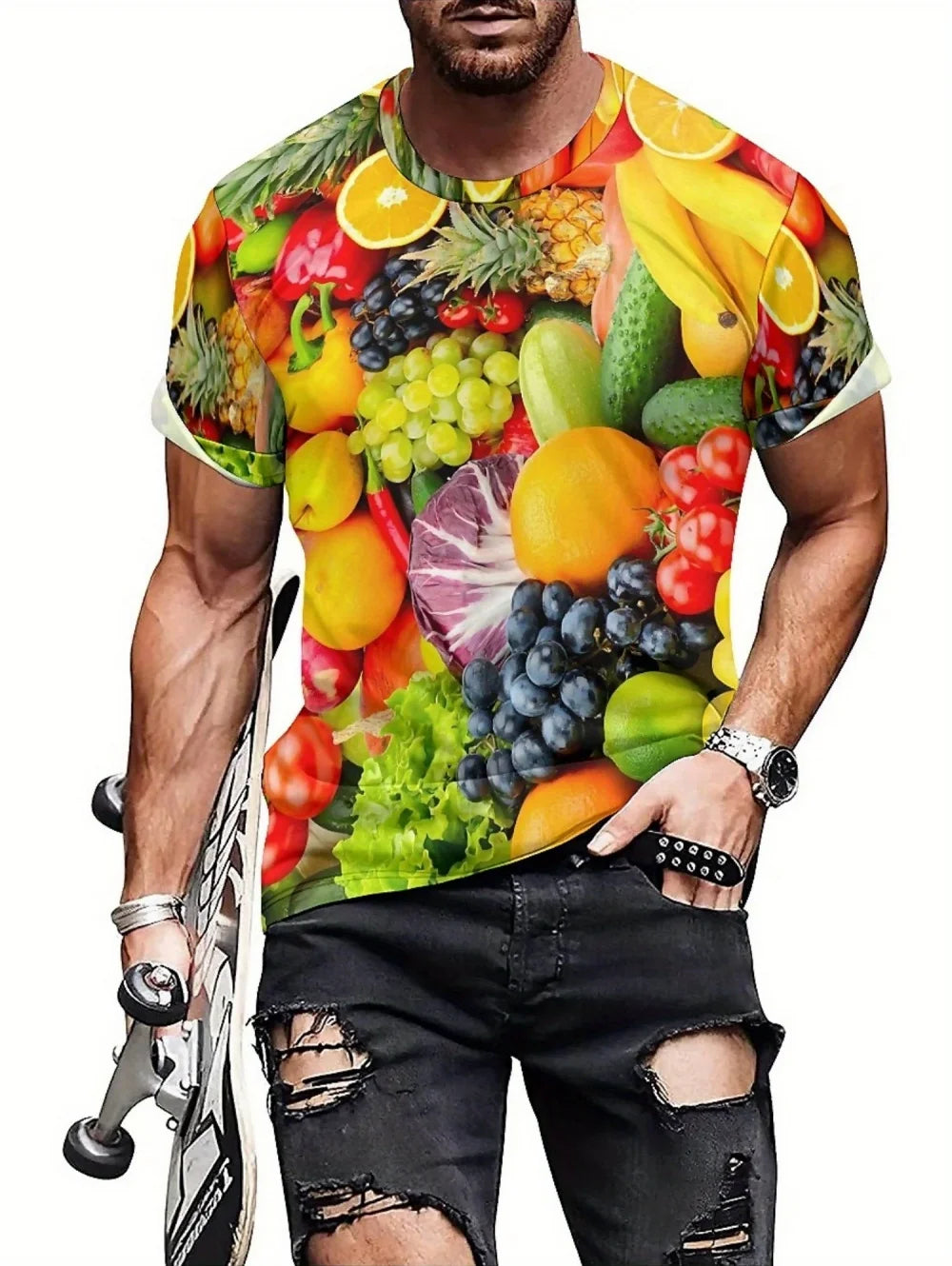 Funny Men's T-Shirt Watermelon Graphic Tee Fruit Pattern 3D Print O-Neck Short Sleeve Tops Loose Oversized Summer Men Clothing