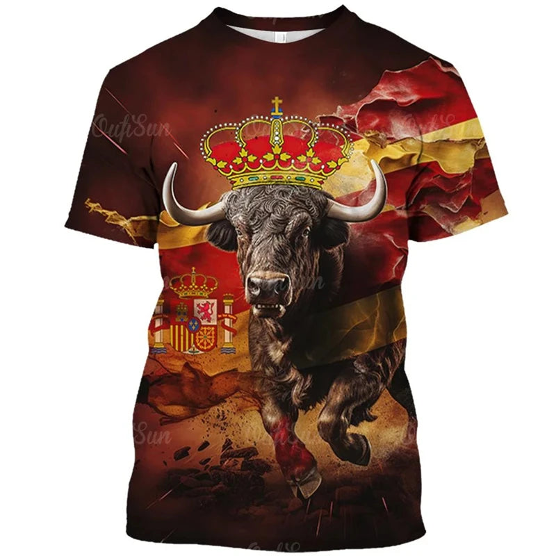Vintage T Shirt For Men Animal Spanish Bullfighting Graphic T-shirts 3d Print Short-sleeved Tees Oversized Loose Tops Streetwear