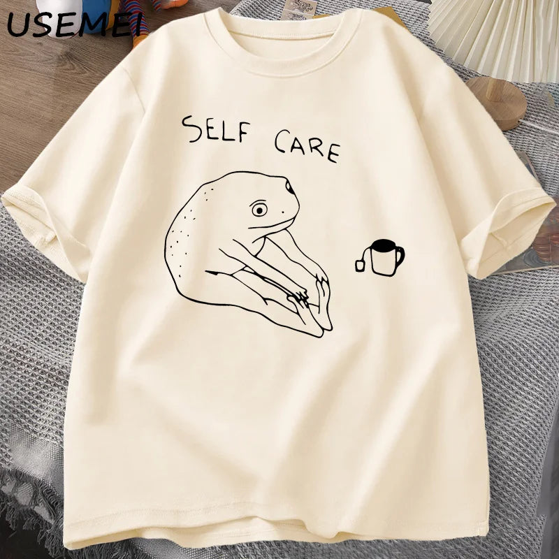 Funny Frog Self Care T-Shirt Retro Cottagecore Frog Printed Tshirt Women Men Summer Round Neck Short Sleeve Tee Shirt Streetwear
