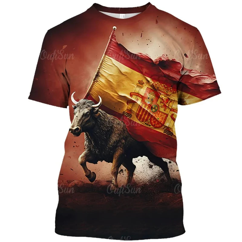 Vintage T Shirt For Men Animal Spanish Bullfighting Graphic T-shirts 3d Print Short-sleeved Tees Oversized Loose Tops Streetwear
