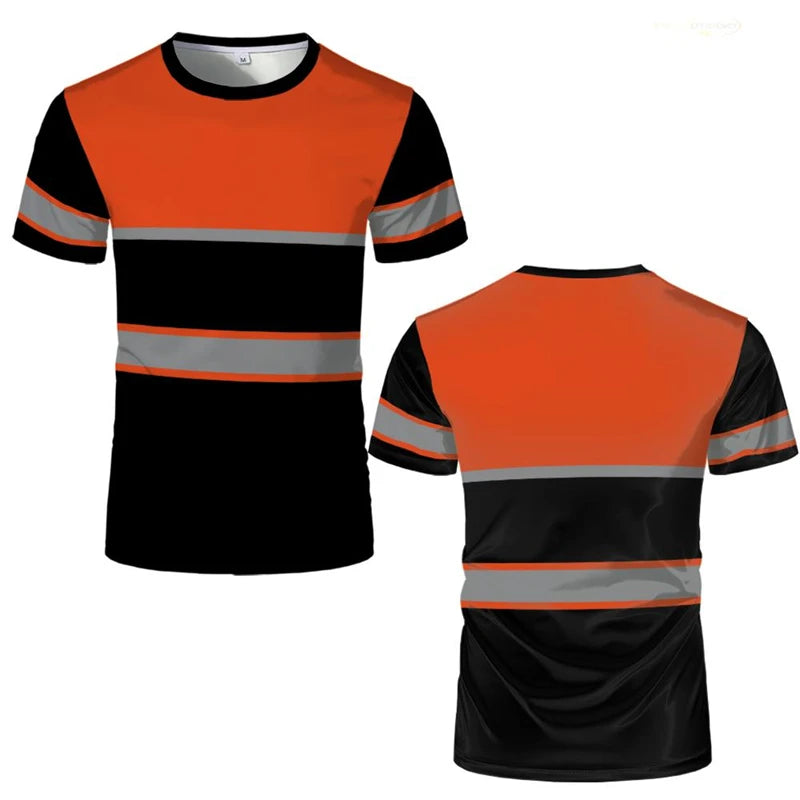 Simple Stripe Safety Work T Shirts Summer Casual Short Sleeve 3D Printed Crew Neck T-shirts Fashion Outdoor Oversized Tees Tops