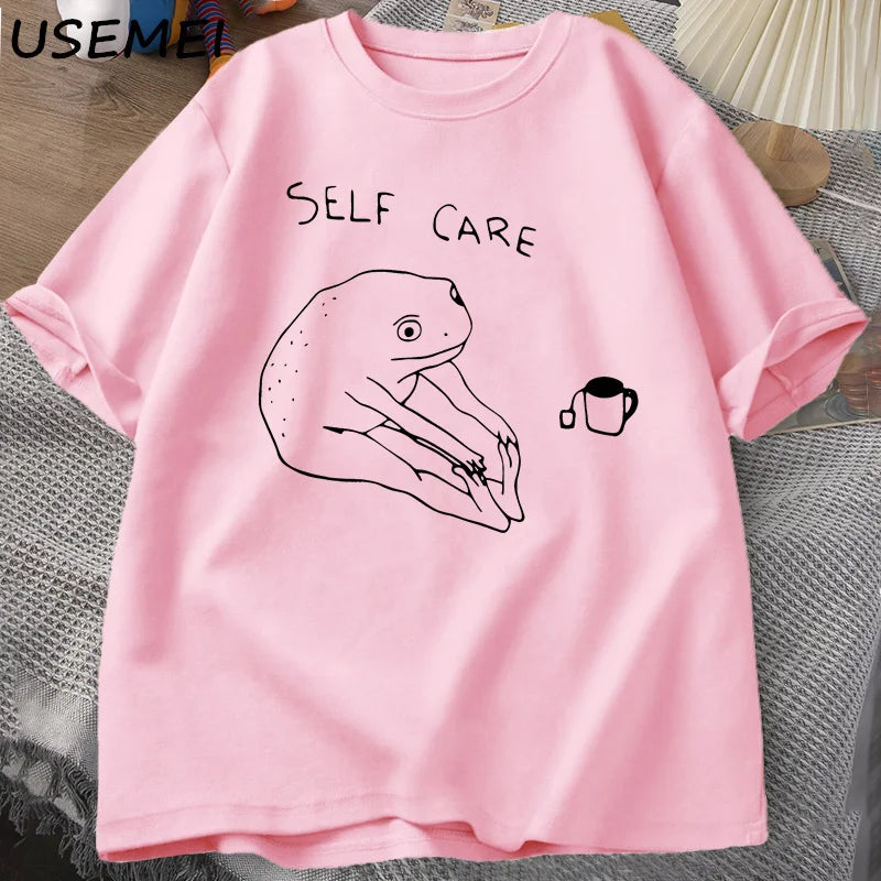 Funny Frog Self Care T-Shirt Retro Cottagecore Frog Printed Tshirt Women Men Summer Round Neck Short Sleeve Tee Shirt Streetwear