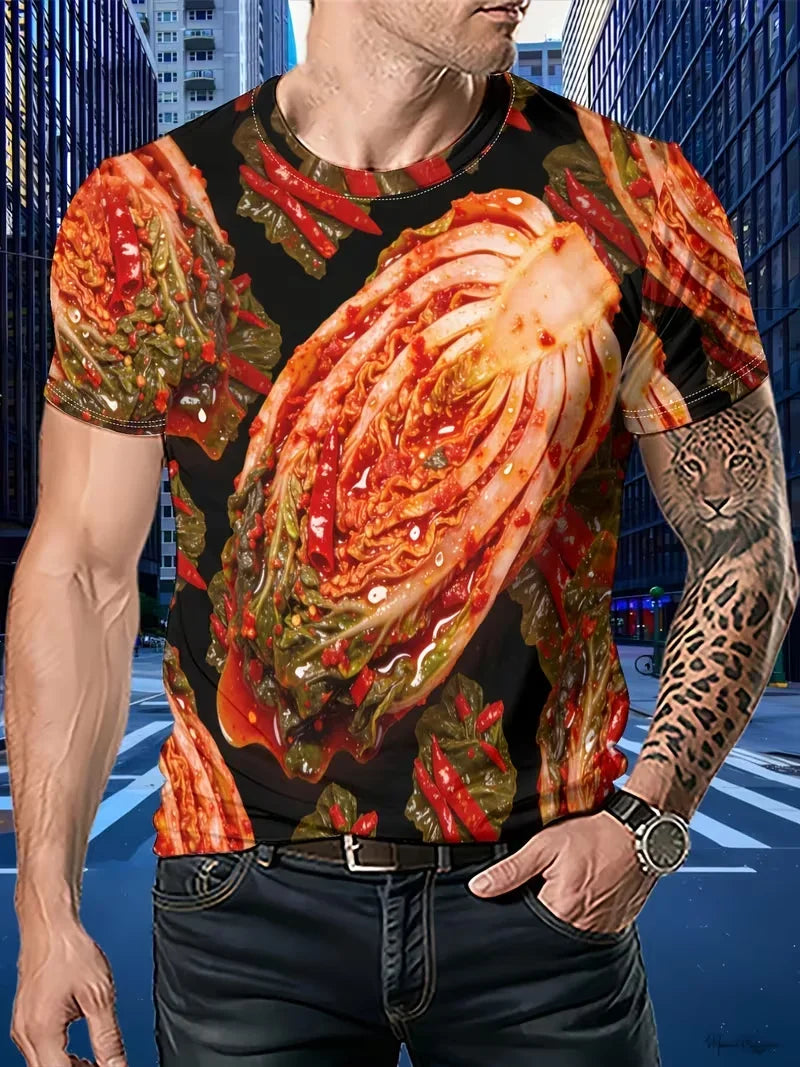 The Interesting Cabbage and Lettuce Pattern Summer 3D Printed Large-sized Men's T-shirt Is Suitable for Daily Wear