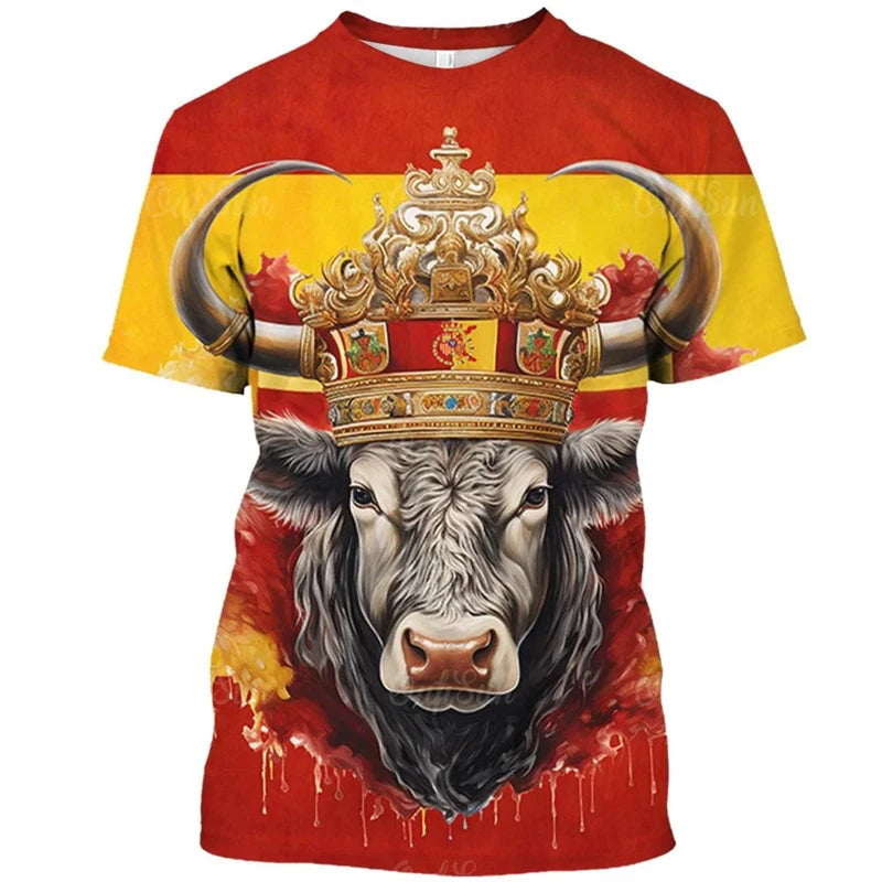 Vintage T Shirt For Men Animal Spanish Bullfighting Graphic T-shirts 3d Print Short-sleeved Tees Oversized Loose Tops Streetwear