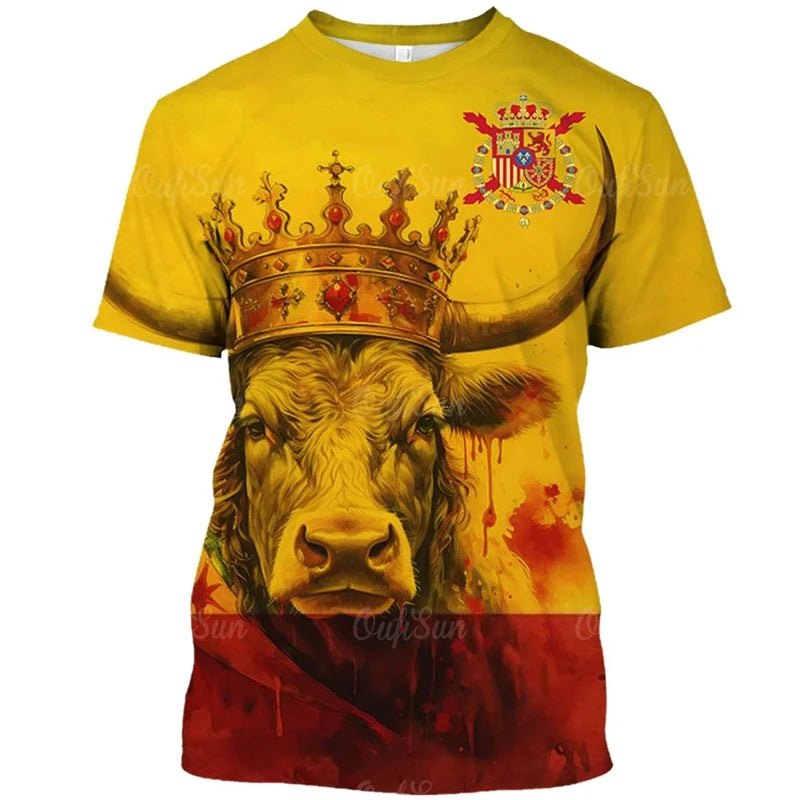Vintage T Shirt For Men Animal Spanish Bullfighting Graphic T-shirts 3d Print Short-sleeved Tees Oversized Loose Tops Streetwear
