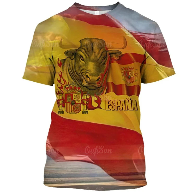 Vintage T Shirt For Men Animal Spanish Bullfighting Graphic T-shirts 3d Print Short-sleeved Tees Oversized Loose Tops Streetwear