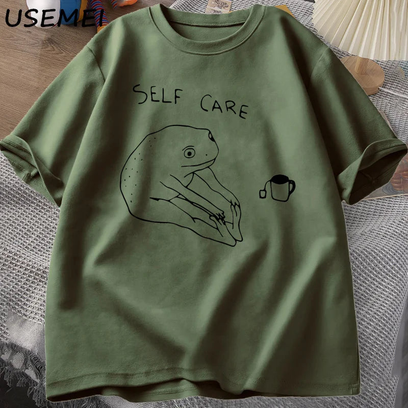 Funny Frog Self Care T-Shirt Retro Cottagecore Frog Printed Tshirt Women Men Summer Round Neck Short Sleeve Tee Shirt Streetwear